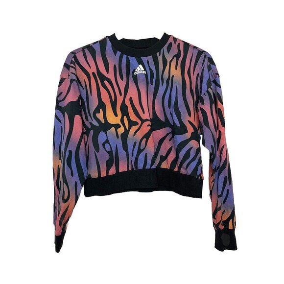 Adidas Women's Small Black/Purple/Pink Tiger Print Crop Sweatshirt Crew Neck - Picture 1 of 5